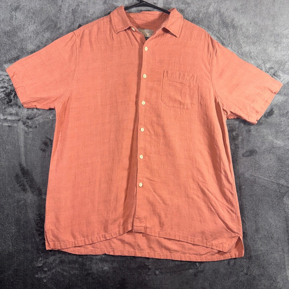 Margaritaville Mens Large Silk Linen Short Sleeve Button Up Shirt‎ Coral Orange